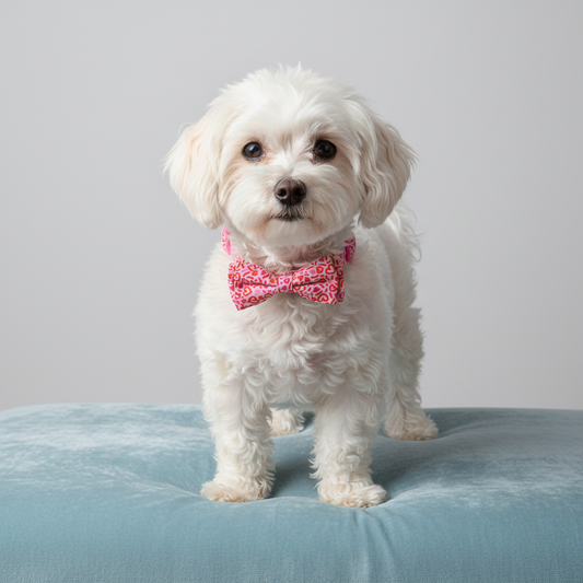 White maltese dog wearing pink coral heart leopard collar relaxing on blue pet bed - comfortable adjustable dog collar