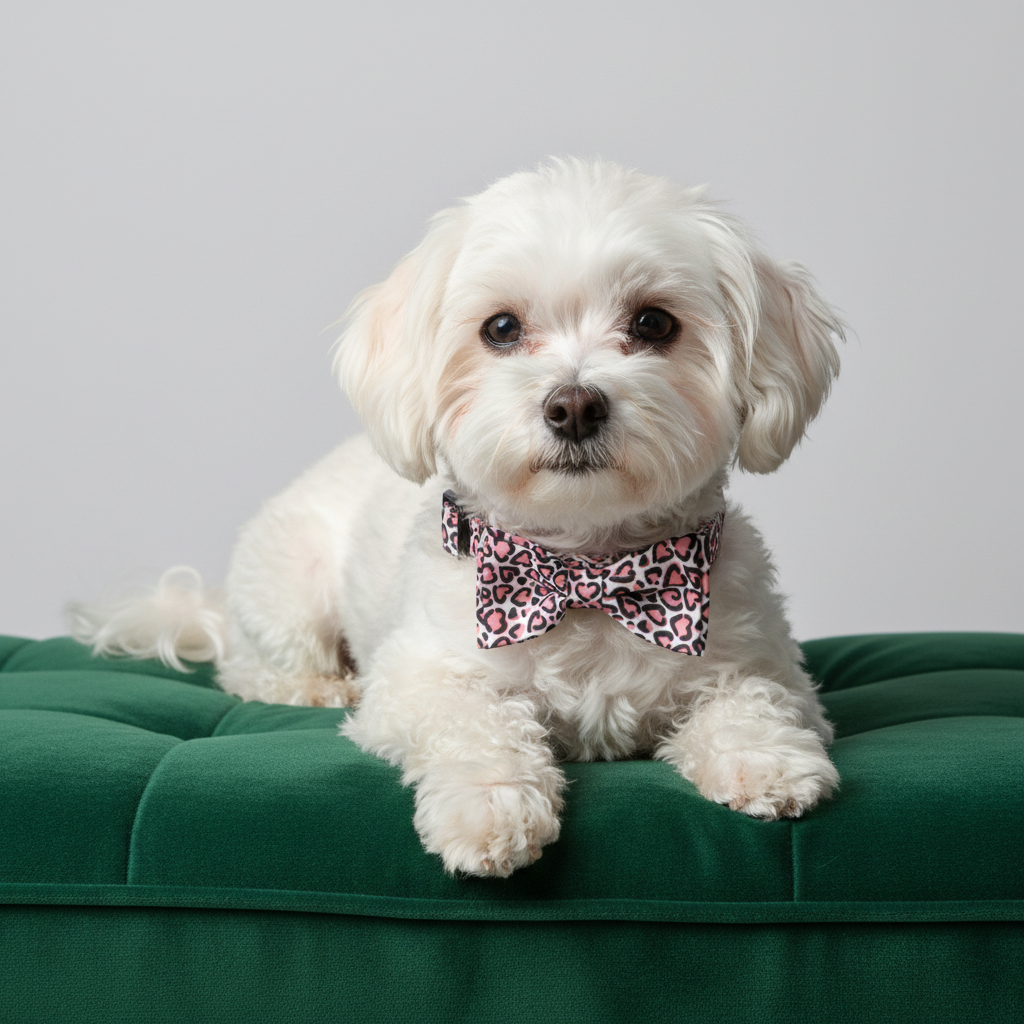 White maltese dog wearing pink leopard heart print collar relaxing on green velvet pet bed - stylish adjustable dog collar