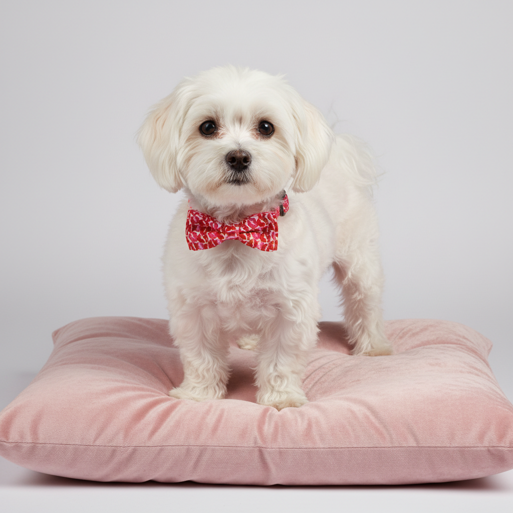 White maltese dog wearing red pink lip print collar relaxing on pink velvet pet bed - comfortable adjustable dog collar
