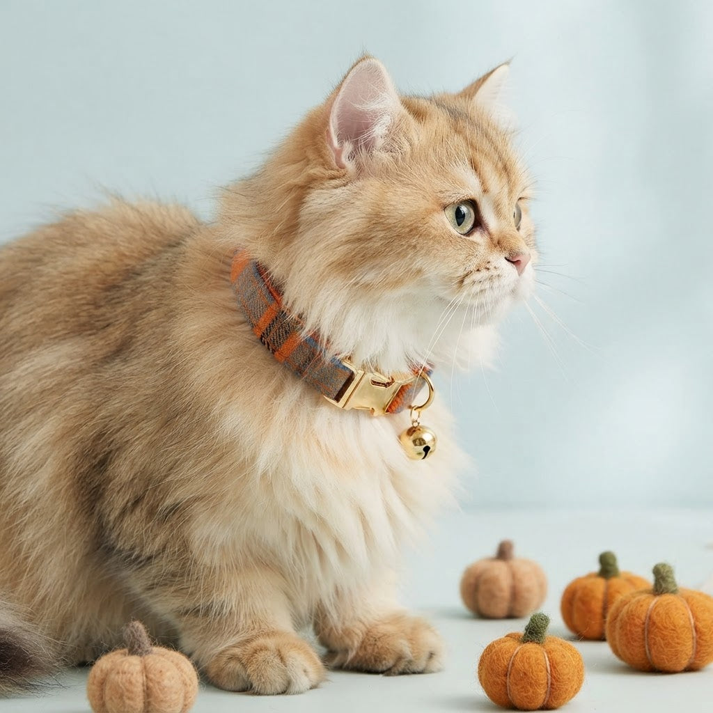 Fluffy ginger cat wearing an orange plaid cat collar with gold bell against a soft blue background