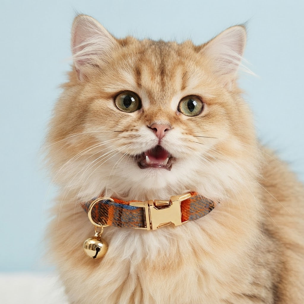 Fluffy orange cat wearing an orange plaid cat collar with gold buckle and bell, front view