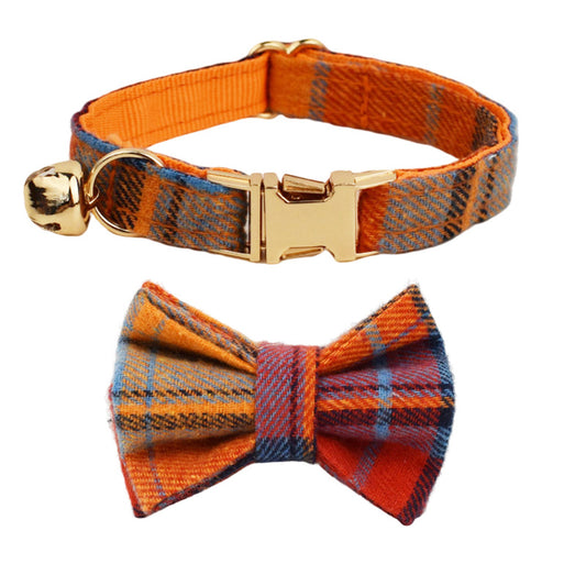 Orange plaid cat collar set with matching detachable bow tie, gold-tone buckle and bell