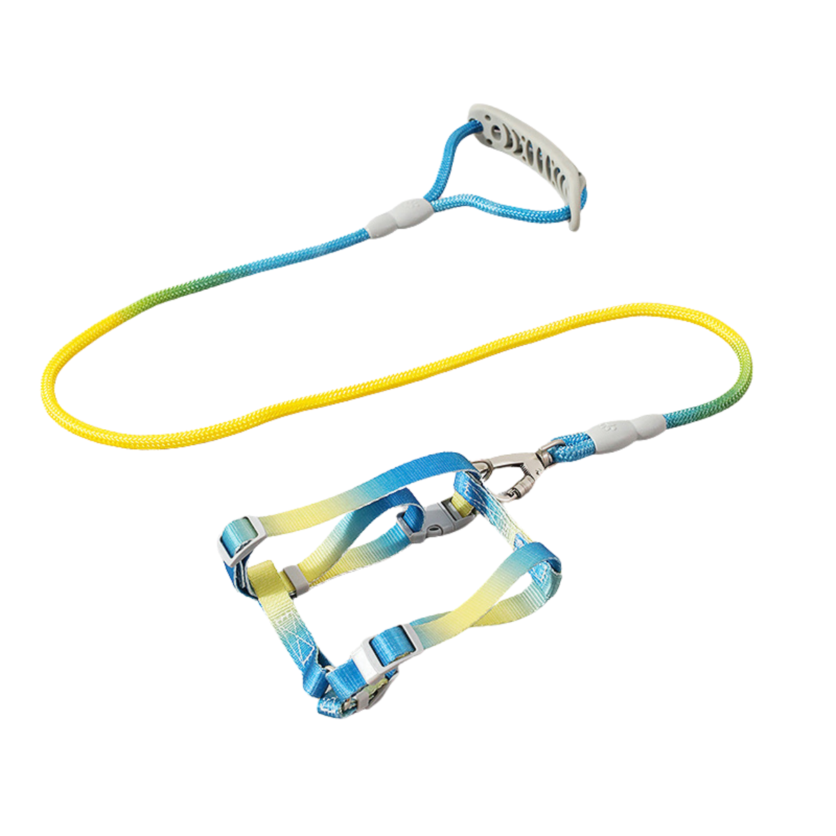 Pastel blue yellow gradient cat harness and leash set with dual-lock clasp product shot white background
