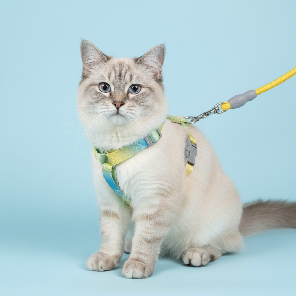 Tabby cat wearing pastel blue yellow gradient harness on light blue background
