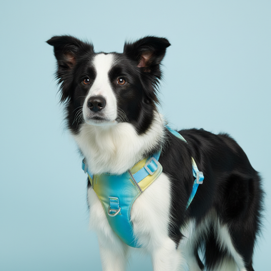Border Collie wearing pastel blue yellow gradient dog harness on light blue background
