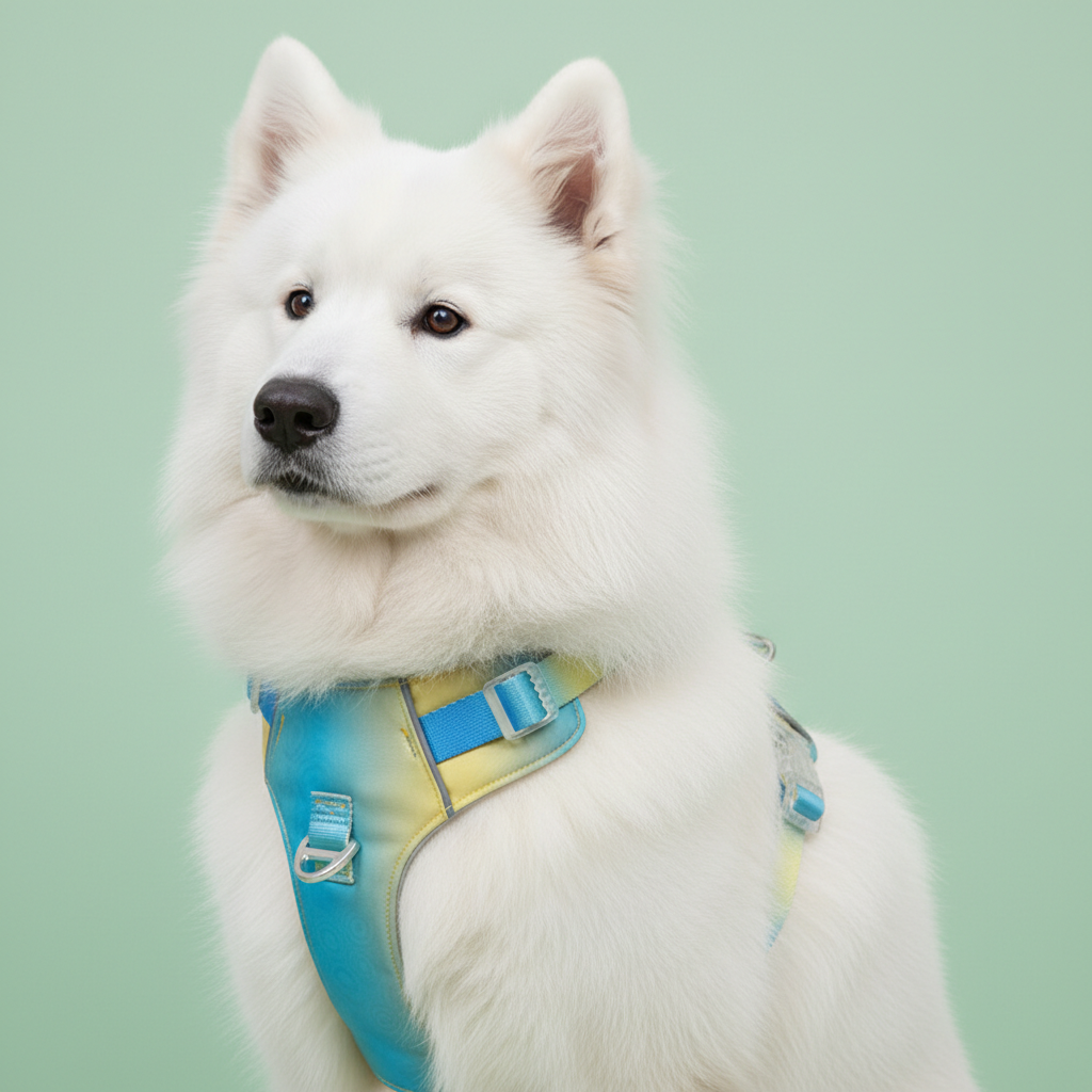 Samoyed wearing pastel blue yellow gradient dog harness on light green background
