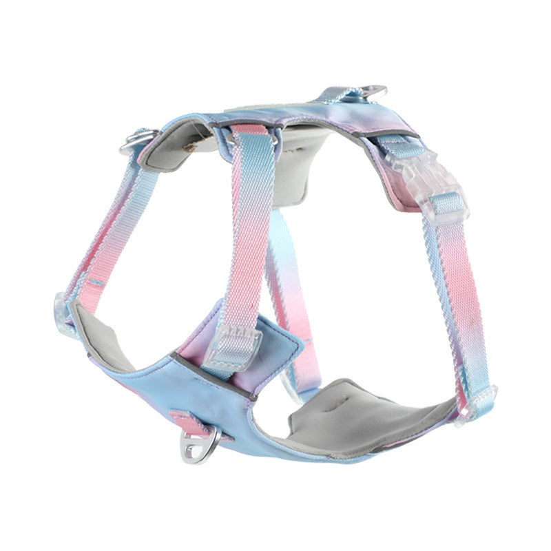 Pastel pink blue gradient dog harness with aircraft aluminum buckle and breathable neoprene lining product shot white background
