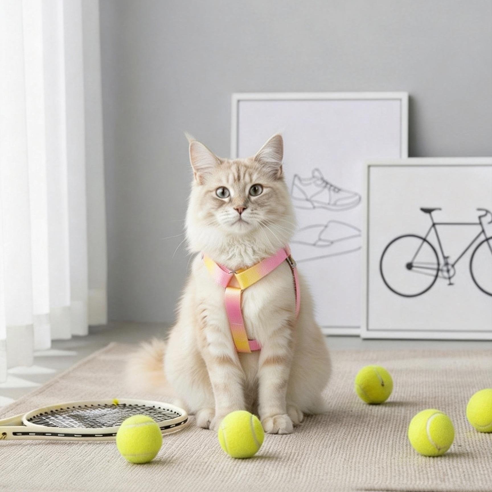 Long-haired cat wearing pastel pink yellow gradient harness in indoor tennis themed scene

