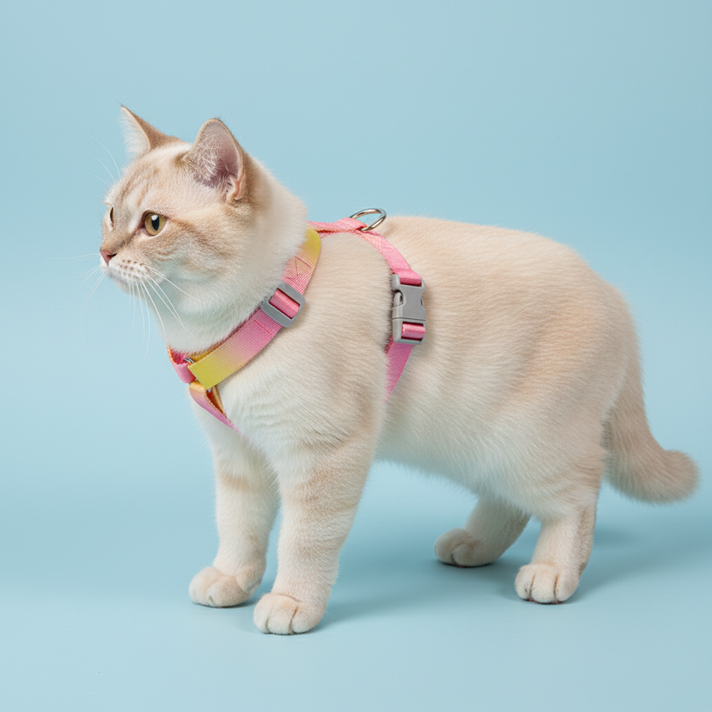 British Shorthair cat wearing pastel pink yellow gradient harness side view on light blue background
