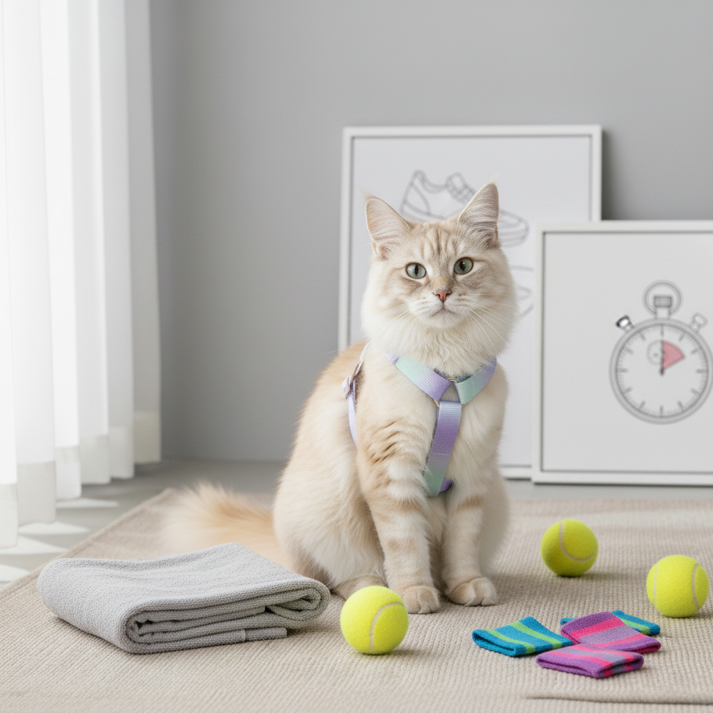 Long-haired cat wearing pastel purple green gradient harness in indoor playroom scene
