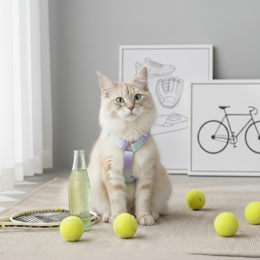 Long-haired cat wearing pastel purple green gradient harness in indoor tennis themed scene

