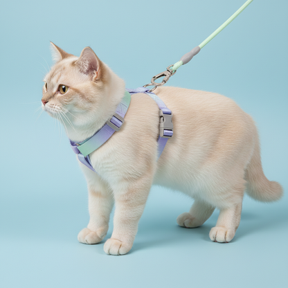 British Shorthair cat wearing pastel purple green gradient harness side view on light blue background
