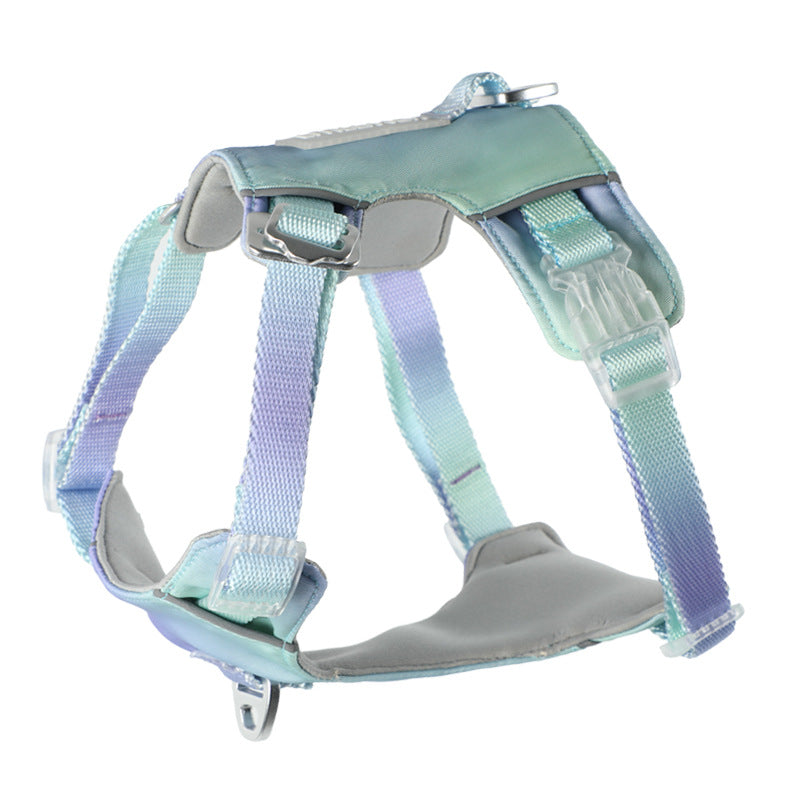 Pastel purple green gradient dog harness with aircraft aluminum buckle and breathable neoprene lining product shot white background
