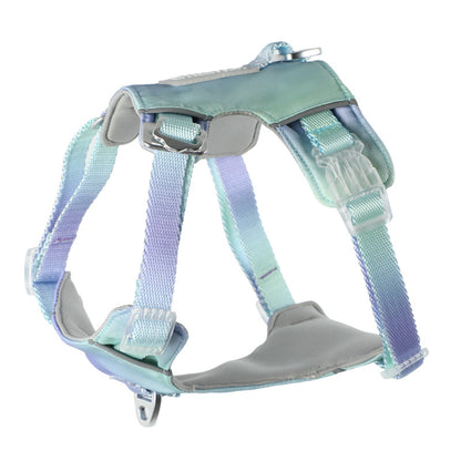 Pastel purple green gradient dog harness with aircraft aluminum buckle and breathable neoprene lining product shot white background
