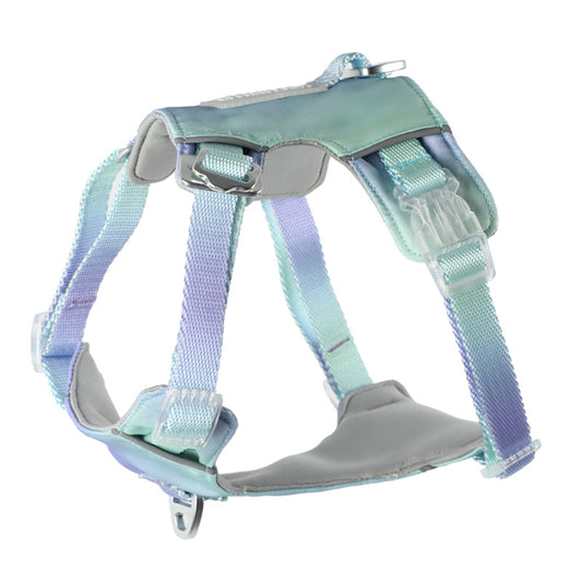Pastel purple green gradient dog harness with aircraft aluminum buckle and breathable neoprene lining product shot white background
