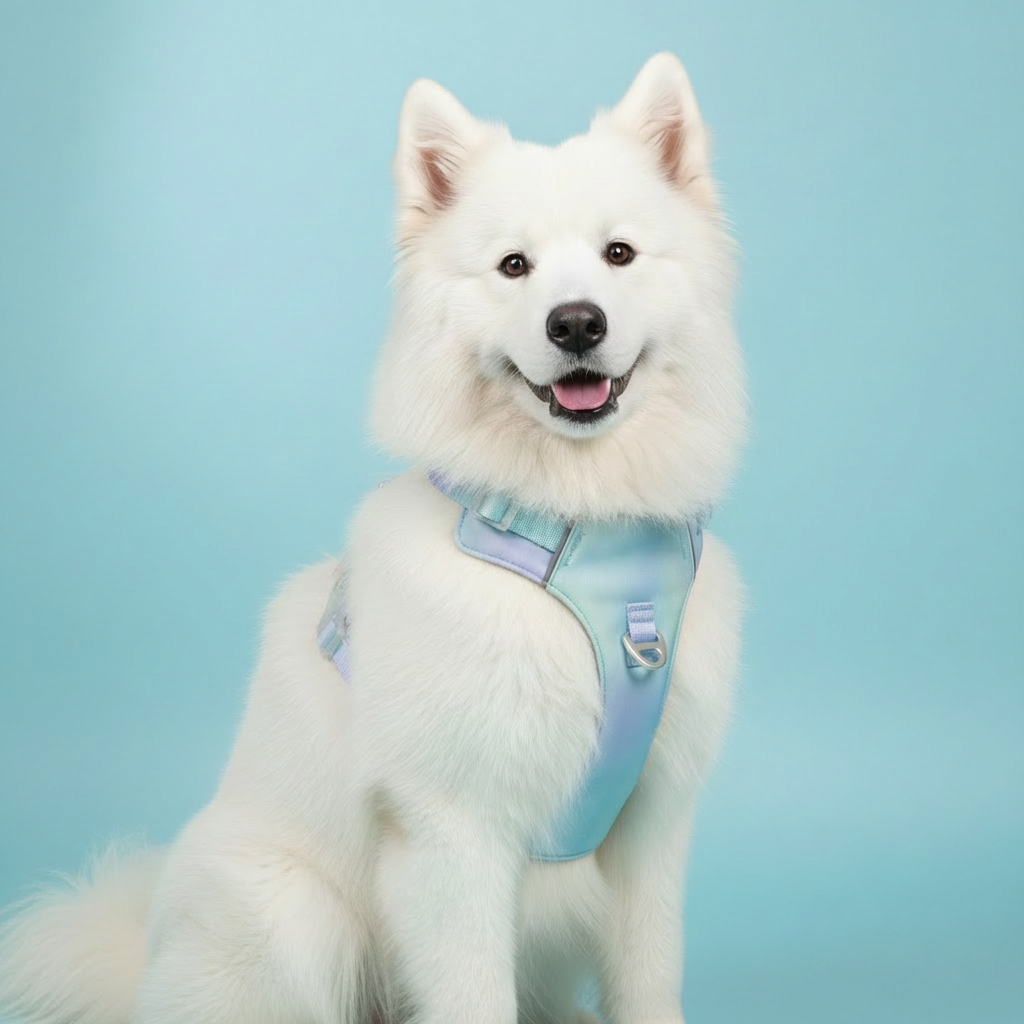 Pastel purple green gradient dog harness worn by white Samoyed on light blue background product shot