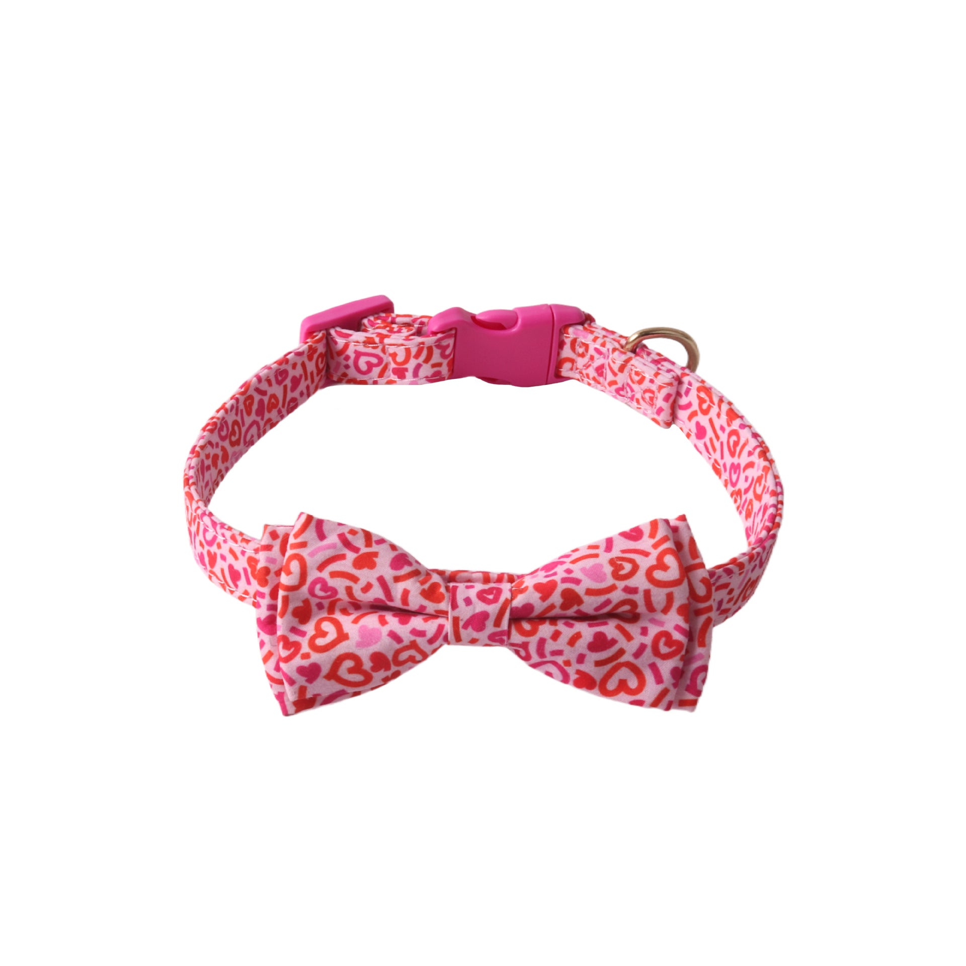 Pink and coral heart leopard print dog collar with removable bow tie and plastic safety buckle on white background - stylish pet accessory