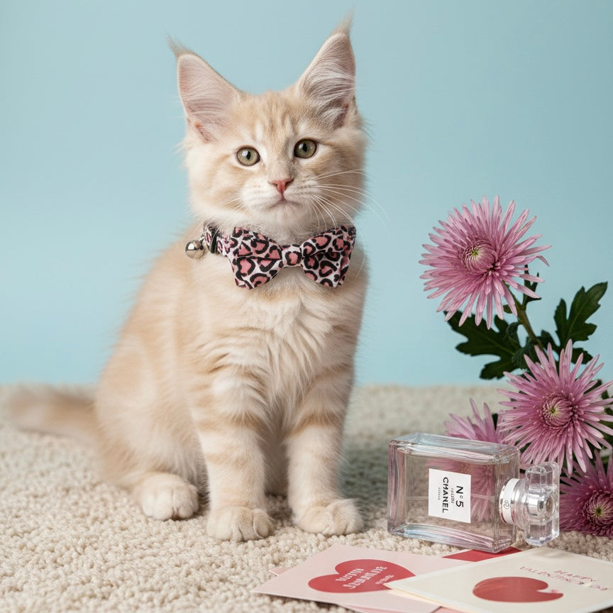 Cream kitten wearing Bling Fuzzie Pink Heart Print Cat Collar with pink leopard-heart bow tie and silver bell, sitting beside pink chrysanthemum flowers, a perfume bottle, and Valentine's Day cards on a light blue background