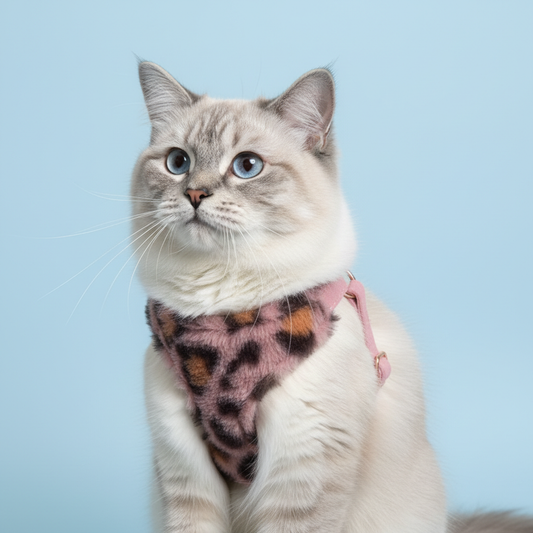 Ragdoll cat wearing pink leopard print faux fur harness on light blue background
