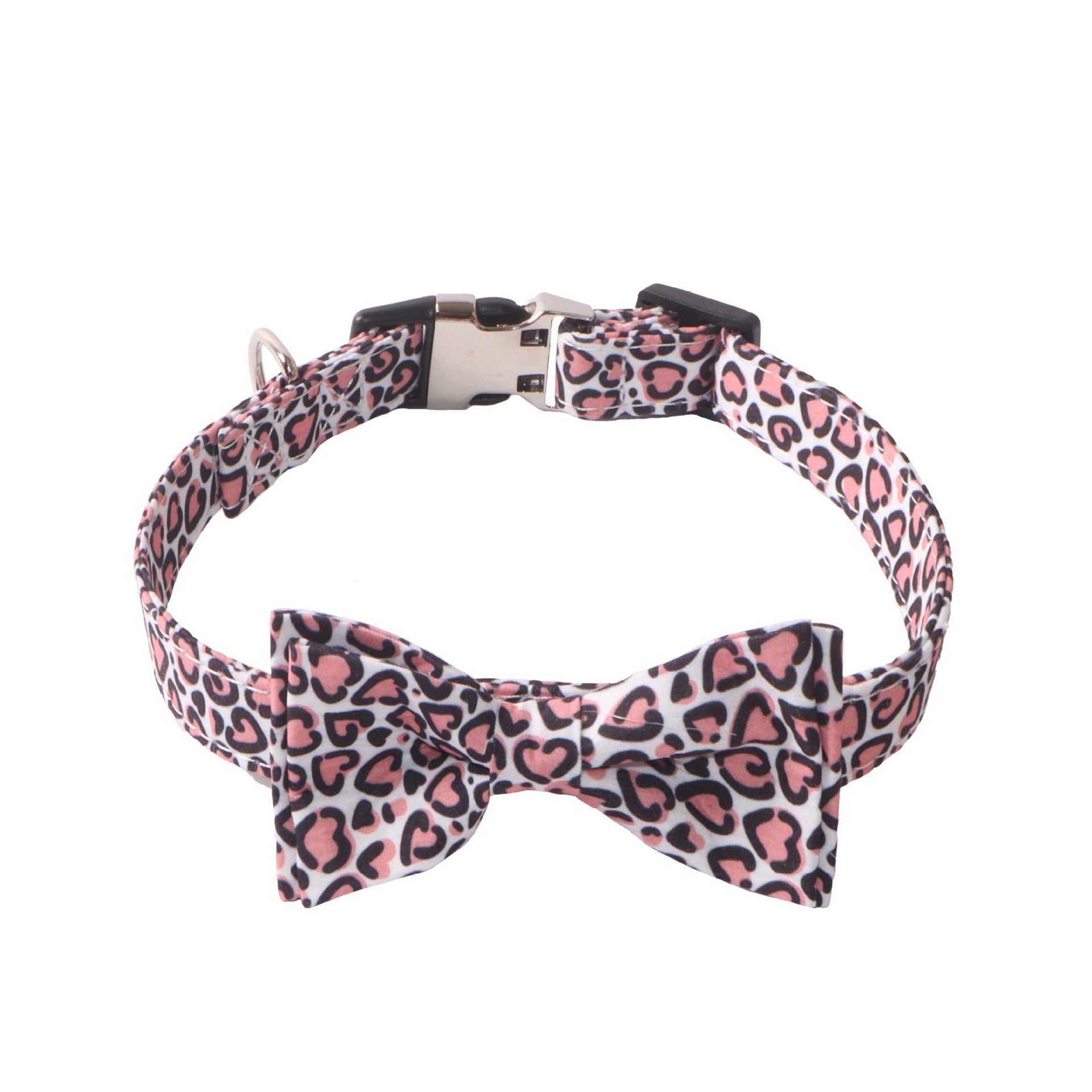Pink leopard heart print dog collar with removable bow tie and metal safety buckle on white background - fashionable pet accessory
