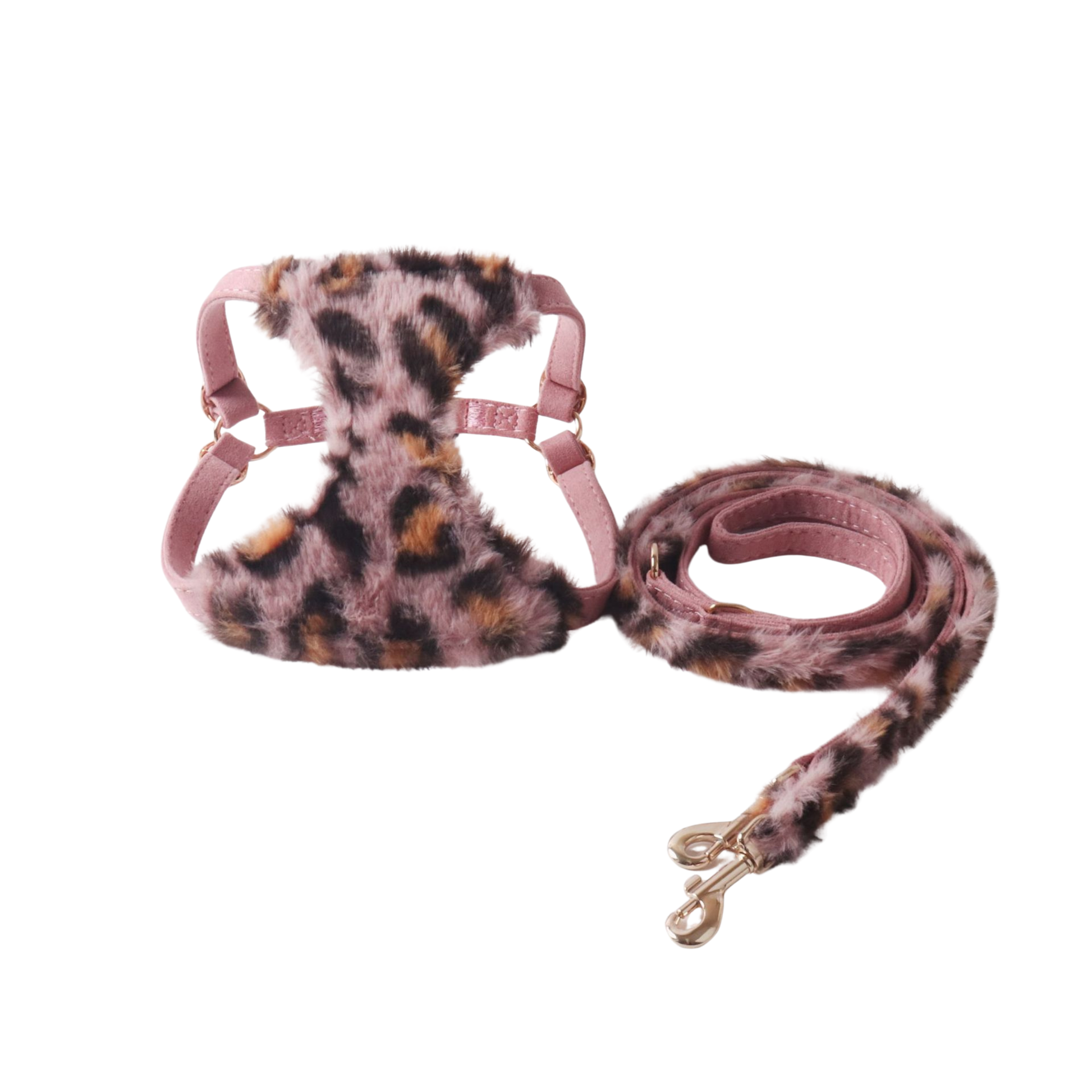 Pink leopard print faux rabbit fur cat harness and leash set product shot white background
