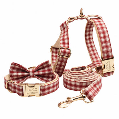 Red & Cream Plaid Dog Collar Set