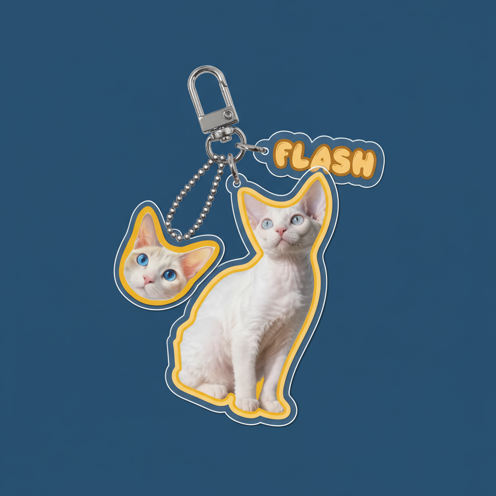 Playful pet photo keychain Devon Rex cat with yellow border and name Flash on dark blue background