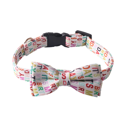 Rainbow birthday letter print dog collar with removable bow tie and anti-choking safety buckle on white background - adjustable pet birthday gift
