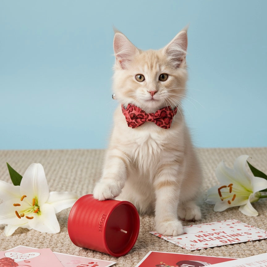 Cream kitten wearing Bling Fuzzie Red Heart Print Cat Collar with red leopard-heart bow tie, surrounded by white lily flowers, a red candle, and Valentine's Day cards on a light blue background