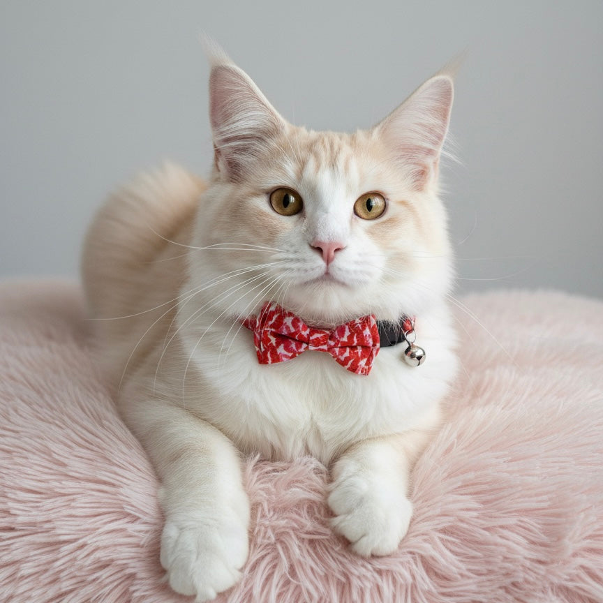 Cream white long-haired cat wearing Bling Fuzzie Red Lip Print Cat Collar with red lip-print bow tie and silver bell, resting on a pink fluffy cushion against a grey background