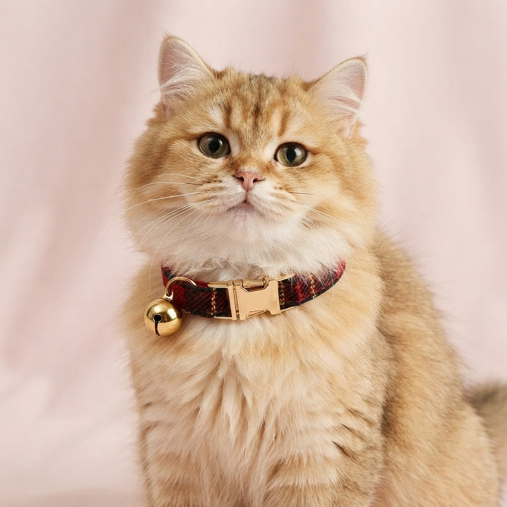 Fluffy ginger cat wearing a red tartan plaid collar with gold bell, sitting beside small plush toys