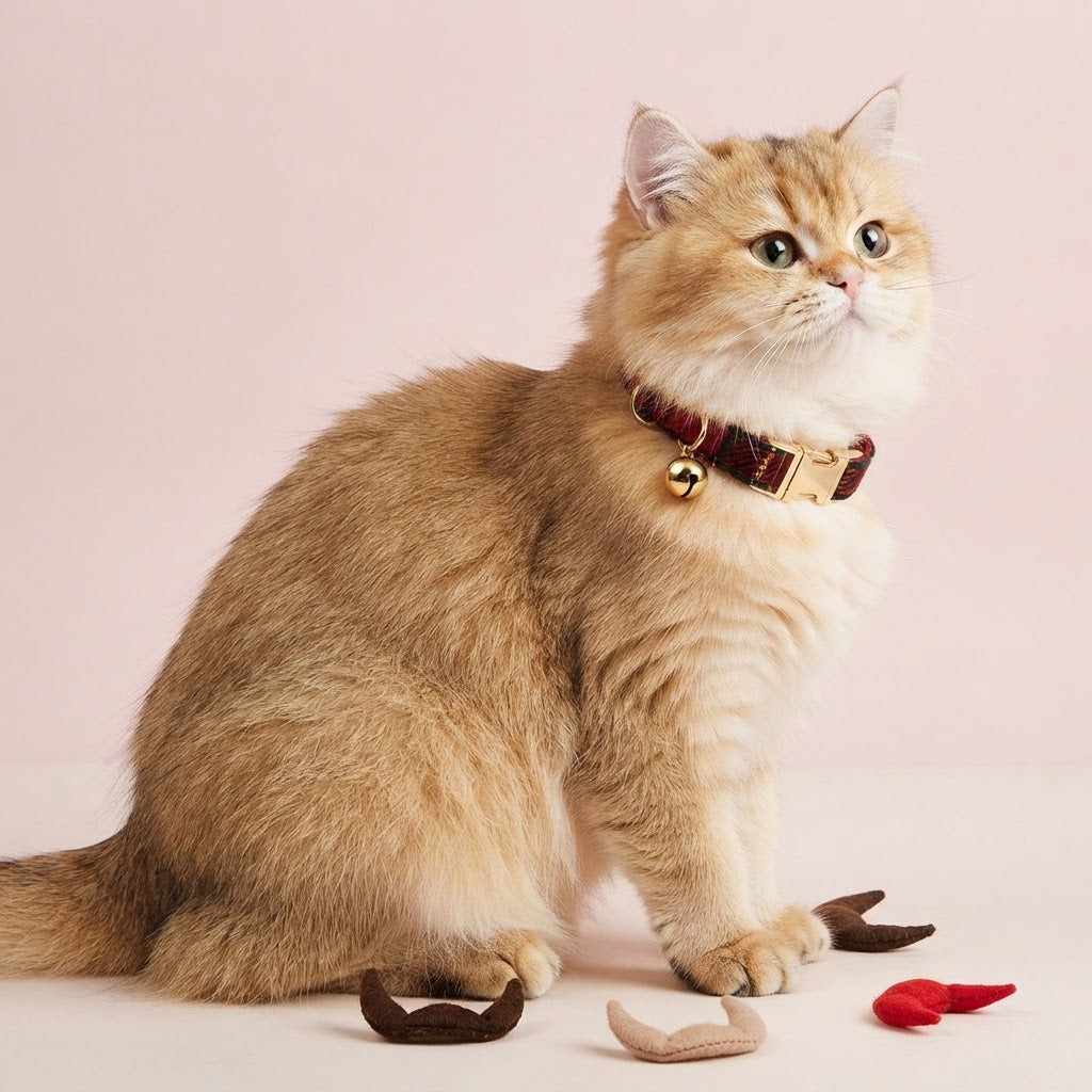 Fluffy golden cat wearing a red plaid cat collar with gold-tone buckle and bell, front-facing portrait