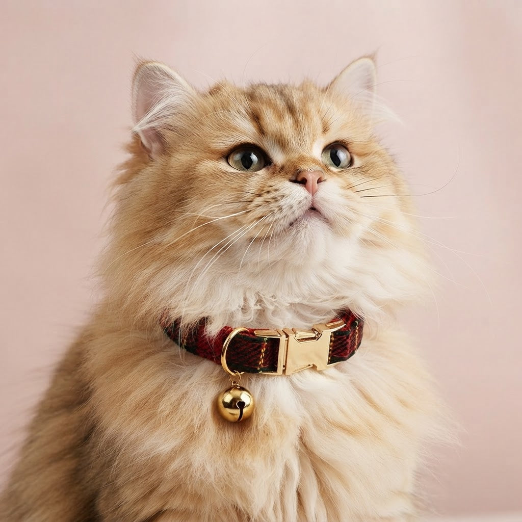 Fluffy ginger cat wearing a red tartan plaid collar with gold-tone buckle and bell against a soft pink background