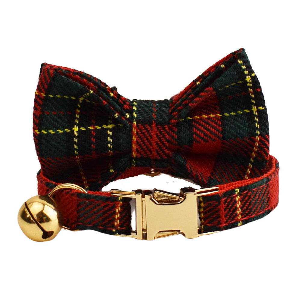 Red tartan plaid cat collar set with matching detachable bow tie, gold-tone buckle and bell on white background