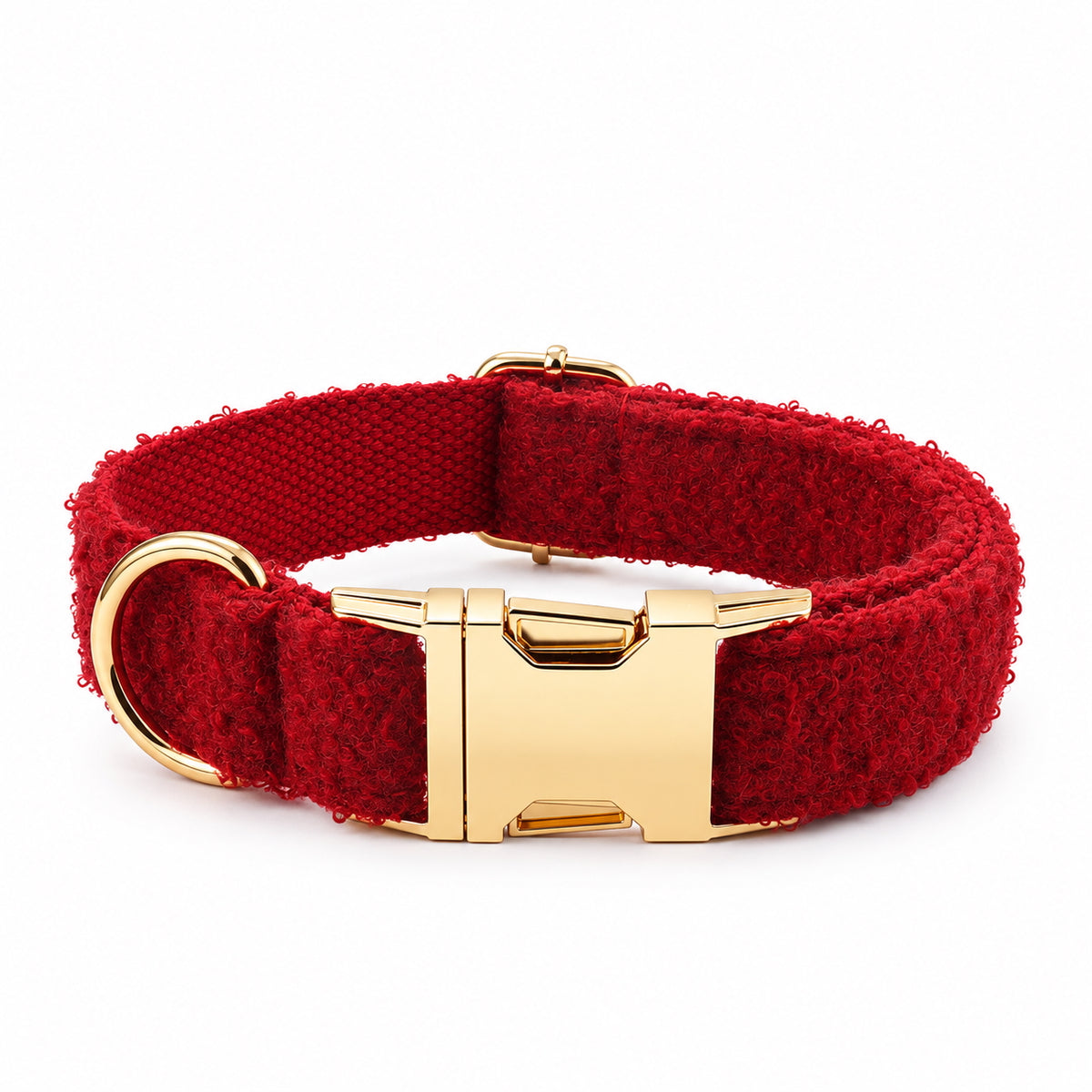Adjustable red teddy fleece dog collar featuring a polished gold-tone buckle, D-ring and soft woven lining.