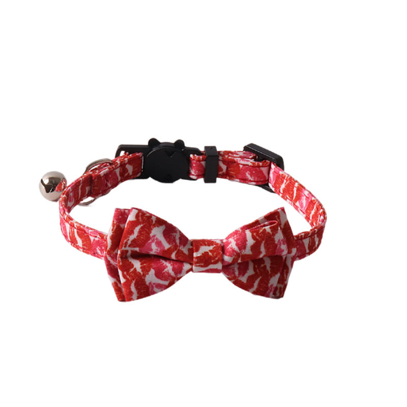 Red white lip print cat collar with removable bow tie on white background