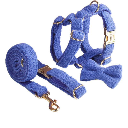 Royal blue teddy fleece dog 4-piece set collar bow tie harness leash complete product shot white background