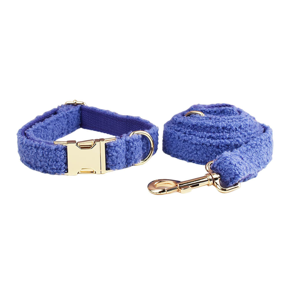 Royal blue teddy fleece dog collar and leash set product shot white background