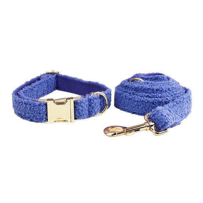 Royal blue teddy fleece dog collar and leash set product shot white background