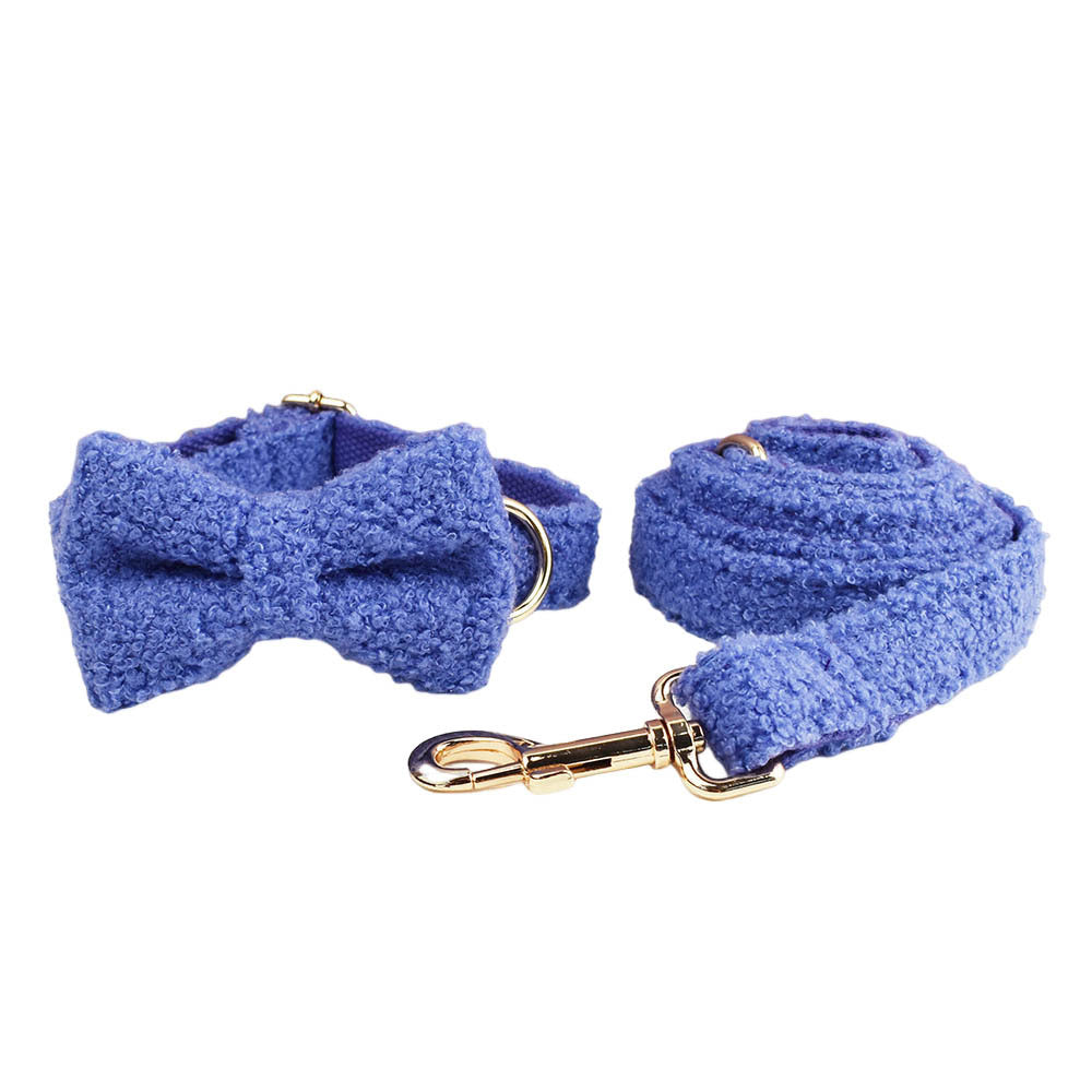 Royal blue teddy fleece dog collar bow tie and leash complete set product shot