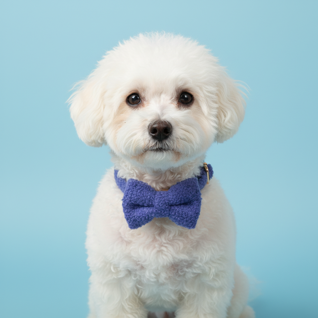 Bichon Frise wearing royal blue teddy fleece collar with bow tie on light blue background

