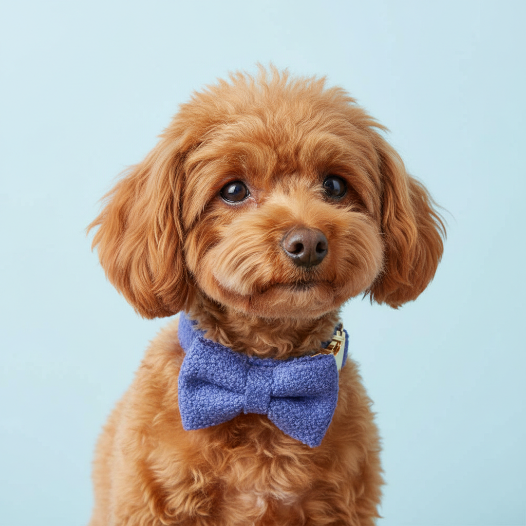 Toy Poodle wearing royal blue teddy fleece dog collar with bow tie on light blue background
