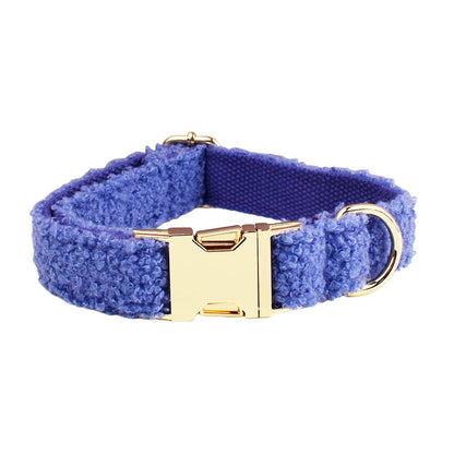 Royal blue teddy fleece dog collar with gold hardware product shot white background
