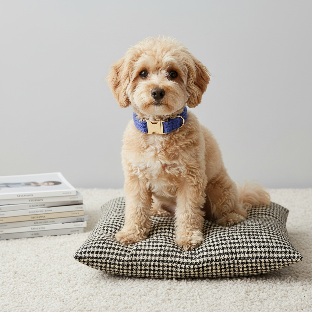 Apricot Poodle wearing royal blue teddy fleece collar on houndstooth pet bed lifestyle photo