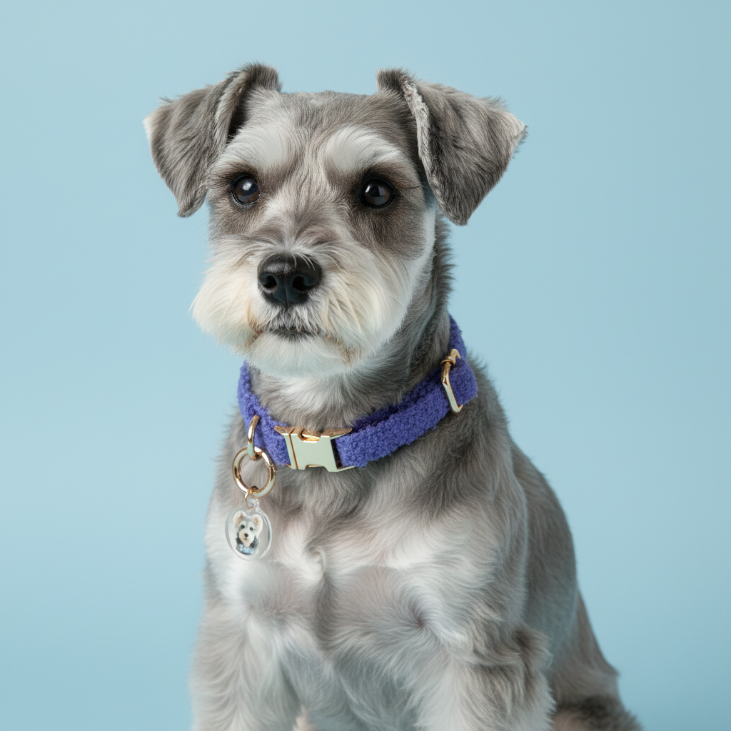 Miniature Schnauzer wearing royal blue teddy fleece dog collar on light blue background