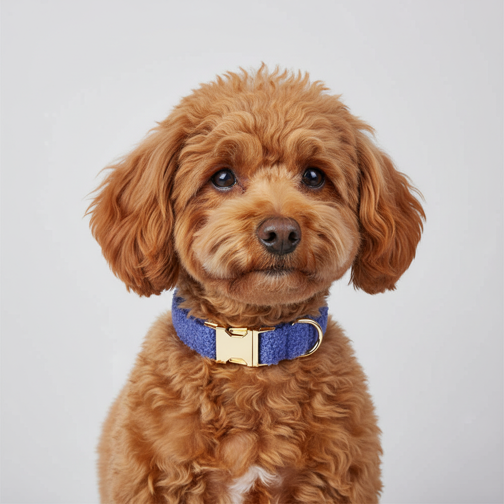 Red Poodle wearing royal blue teddy fleece dog collar on white background

