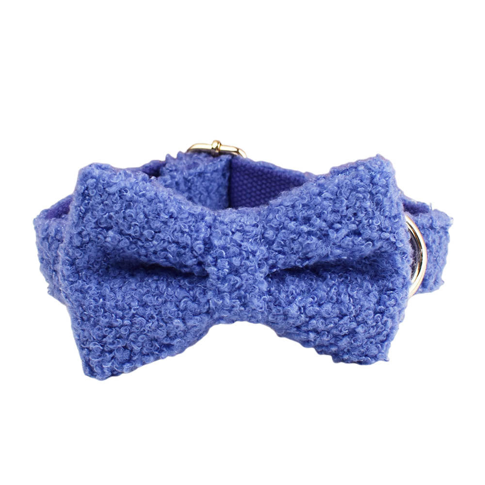 Royal blue teddy fleece dog collar with bow tie accessory product shot white background