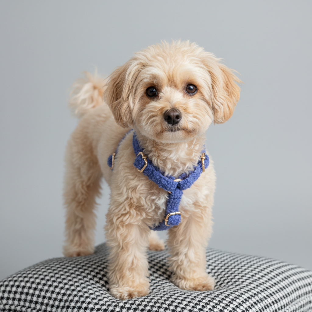 Apricot Poodle wearing royal blue teddy fleece dog harness on houndstooth pet bed lifestyle photo