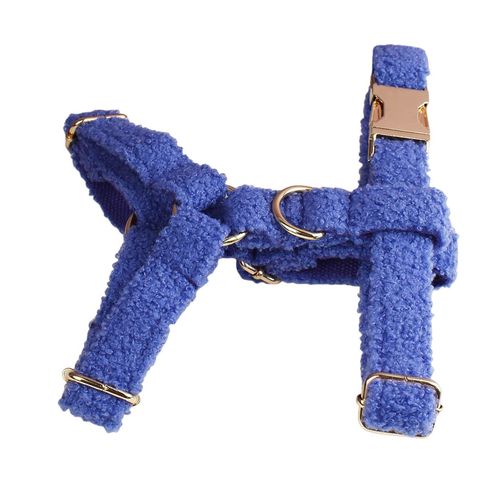 Royal blue teddy fleece dog harness with gold hardware detail product shot white background