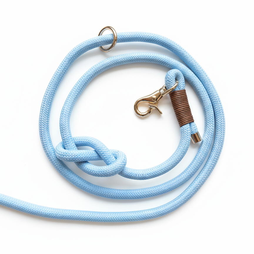 Sky blue 6-in-1 multi-function dog leash with hand-braided brown leather detail product shot white background
